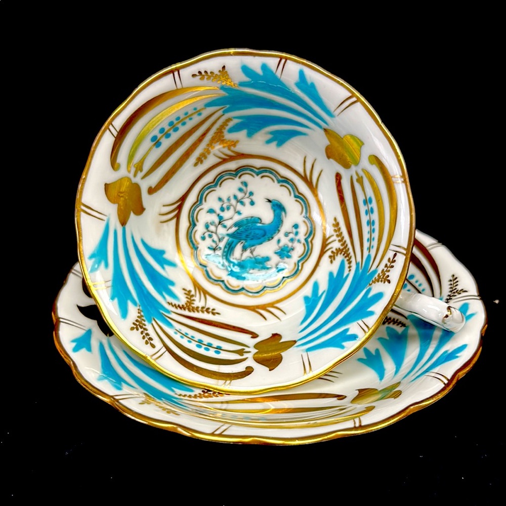 Vintage ROYAL CHELSEA bone china  3900a turquoise “Chelsea Bird” teacup & saucer